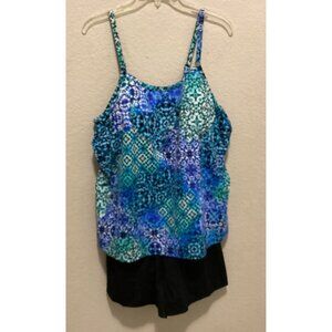 Trimshaper Women's Blue & Green Geometric Tankini Top With Black Bottoms